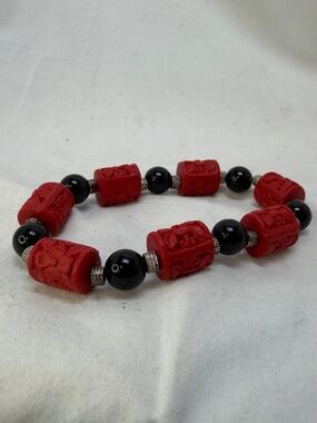 Handmade Stretch Bracelet Cinnabar Black Onyx Beaded